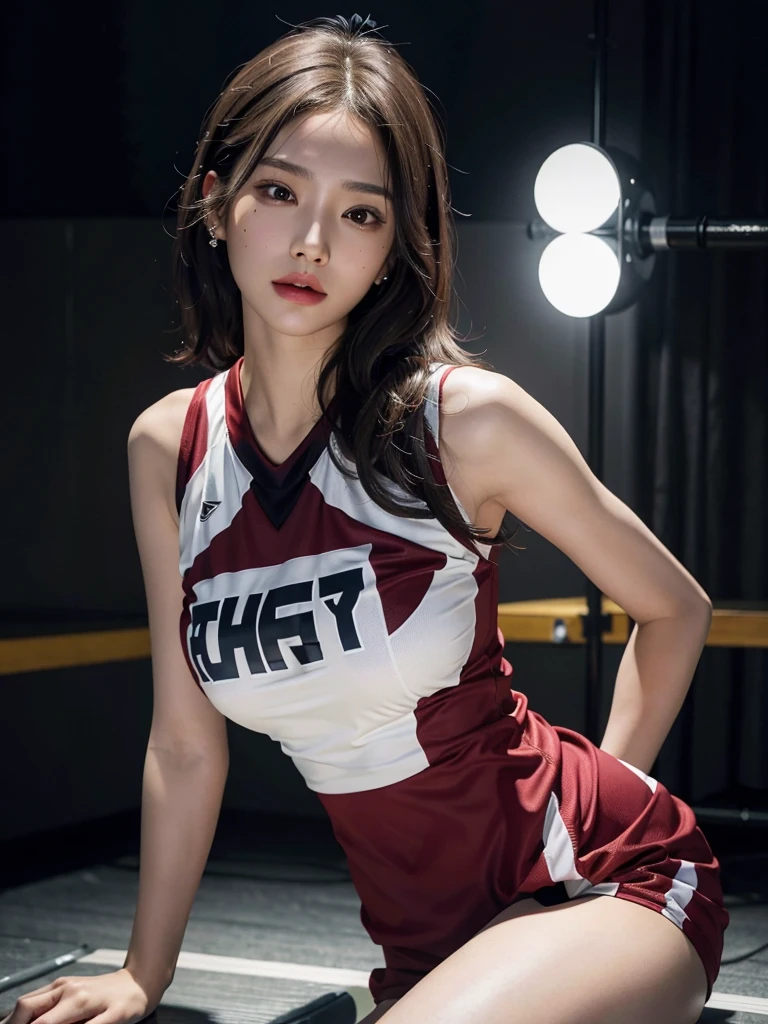 absurdres, RAW photo, extremely delicate and beautiful, masterpiece, Best Quality, ultra high resolution, 16k, hyperrealistic, ultra-detailed, Very detailed CG 8k wallpaper, Beautiful Lighting, Perfect Lightning, Realistic Shadows, perfect anatomy, super Detailed skin, perfect figure, Japanese woman, late 20s, very Slim body, narrow waist, very small head, handsome detailed woman, very detailed eyes and face, realistic face proportions, Stunning detailed eyes, Realistic beautiful face, very small face, Realistic small beautiful eyes, double eyelids, makeup, tearful mole, mole on chest, earring, bare legs, beautiful and very thin legs, beautiful and very thin thighs, (((very huge round breasts))), ((full body shot)), (short hair), wavy hair, ((volleyball uniform)), sleeveless, arms behind back,