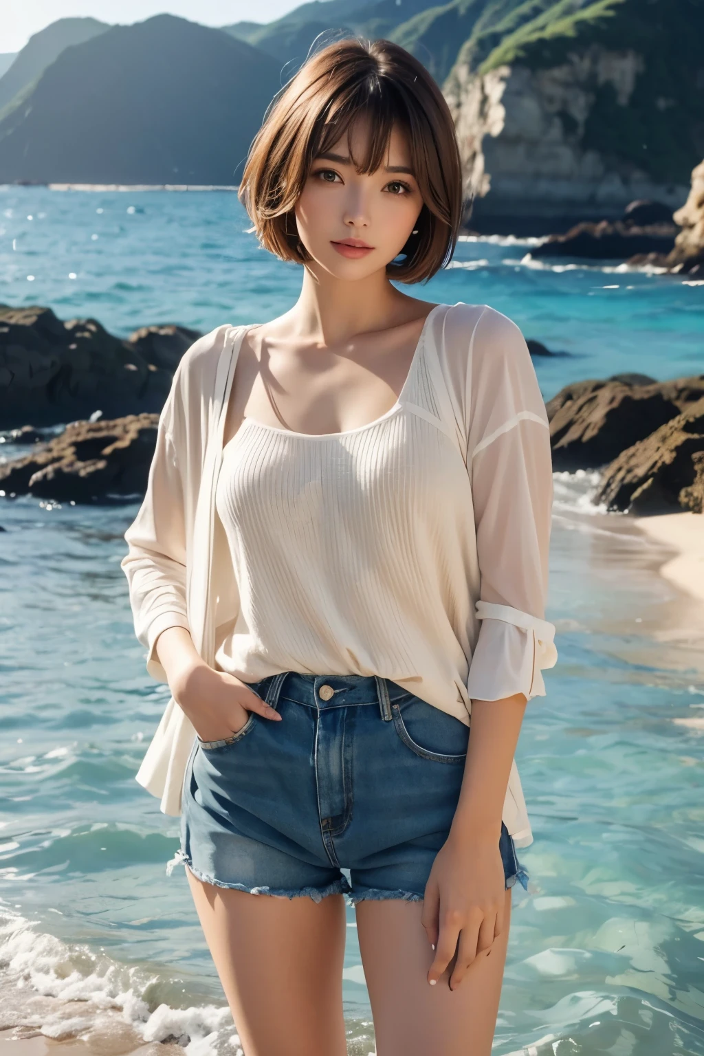 Beautiful woman with brown short hair on beautiful sea background,