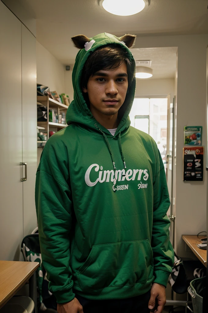 Draw me a picture of a guy wearing a green cow gamer hoodie