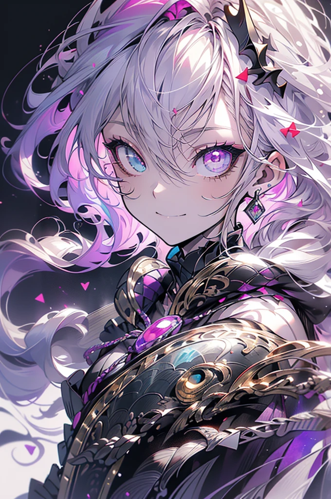 cheerful boy with open forehead. dark purple hair braided in a ponytail on the left side to one side. sinuous black horns wrapped in dark purple ribbon. pale violet eyes. in short dark purple shorts. long white T-shirt. dark purple knee-high socks. a white long robe with a hood flutters in the wind. black ancient stone walls of the castle purple light from lamps with gold ornaments, heterochromia, long curly hair, pale skin, I look at the viewer, closed mouth, bright smile, Beautiful, extremely detailed eye, close-up, upper body,, Absolutely amazing art, extremely detailed, Digital art of the highest quality,