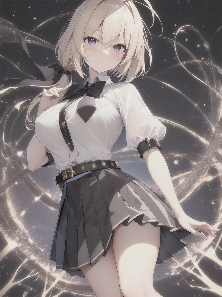 General Details: very detailed, very high resolution, exceptionally high resolution, exceptionally detailed, best quality, 3D artwork, perfect lighting and shading, perfect work, 1 girl, beautiful hands, perfect hands
Not NSFW (Not Safe for Work): (nsfw:-1.5)
Clothing: clothing, (simple dark grey pleated short skirt:1.4), (shiny gold-buckled black leather belt:1.3), (dark blue bow tie:1.2), short sleeves, white shirt, white buttoned shirt
Facial Expression: small smile at the corner of the mouth, very sly eyes
Pose: standing, modeling, looking at the viewer
Character Traits: slender, kawaii, perfectly symmetrical face, soft pinkish cheeks, super cute girl, super cute face, exceptionally detailed eyes, exceptionally detailed hair, extremely cute, extremely beautiful
Background: stargazing field, night, dark, deep depth of field, exceptionally detailed background
Additional Physical Traits: large B-cup breasts, wide hips, large thighs, beautiful long legs, , short
Hairstyle: (ahoge:1.2), (short bob with see-through bangs), one side ponytail on the left, hair between the eyes, pale yellow hair with white tips, bright purple eyes.