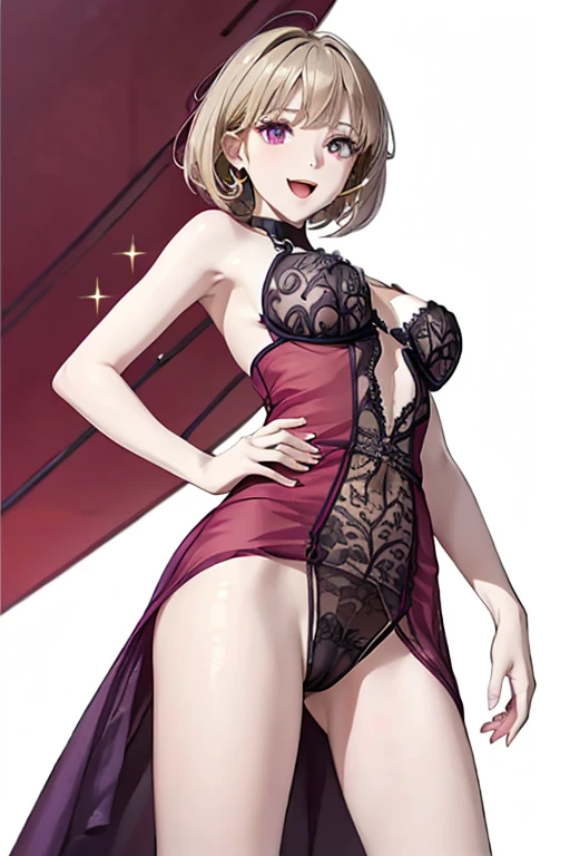 1 girl in, purple color hair、Purplish pink eyes that dreamers desire, (Blonde hair) , small stature, Colossal tits, Lori, (masutepiece:1.2, Best Quality), (finely detailed beautiful eye: 1.2), (beautifull detailed face), (perky chest:1.1), (pointed chest:1.0), (cakes magazine cover:1.3),(Best Illumination, extremely delicate and beautiful), sexy pose,make a cocktail , in a bar counter, ((Cinematic Light)), Dramatic light, (Pale white background:1.5), Short bob hair(1:3)、Ultra Contrast、Braid a little around the ears, White long dress、only has 5 fingers、Her pussy is visible through the white thong、Wet pants、You can see inside your underwear、full of sweat、mocking look、diaper、nffsw,Arms crossed、grab the arm、Shoot from below,Best Quality、Large breasts、muscular pussy、Pubic hair,high-level image quality、hightquality、8K,perfect hand、5 fingers、finger pin、Perfect Finger、T back、Naked、noise cut、bullet hand、Her hair color should have been a brighter purple.The skirt part is also carefully expressed..、Purple skirt、the skirt is floating in the wind、Dark purple panties、Pubic hair majority,(with sparkling eyes and a contagious smile),open mouth,from below:1.2, highest quality, high resolution,Real World, Natural light,perfect Natural light, Looking at Viewer,