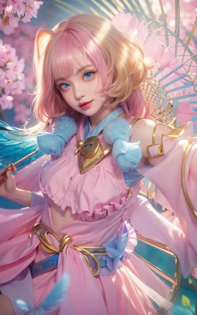 Woman with pink long hair, woman with beautiful face, woman with beautiful blue round eyes, woman with blue feather wing on her right hand, beautiful woman with pink lipstick, morning background, woman with beautiful pink flower on her blonde short hair, woman using pink skirt, woman with gold Root accessories on her body, woman on green leaf background, woman with golden accessories on her head, woman using blue dress and pink white gradient color, pink flower on her Pinkhair, pink dress,