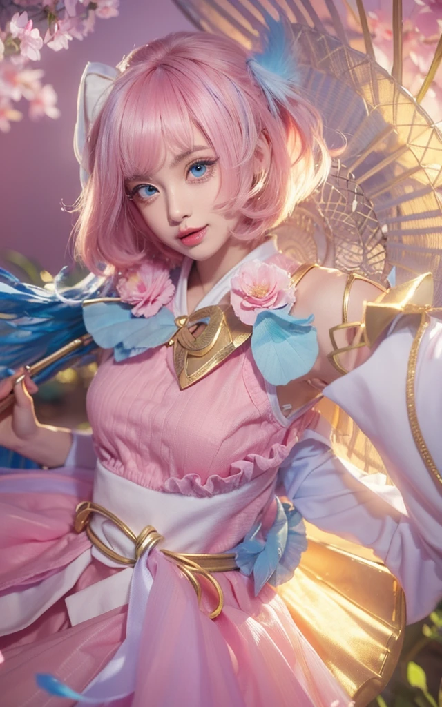 Woman with pink long hair, woman with beautiful face, woman with beautiful blue round eyes, woman with blue feather wing on her right hand, beautiful woman with pink lipstick, morning background, woman with beautiful pink flower on her blonde short hair, woman using pink skirt, woman with gold Root accessories on her body, woman on green leaf background, woman with golden accessories on her head, woman using blue dress and pink white gradient color, pink flower on her Pinkhair, pink dress,