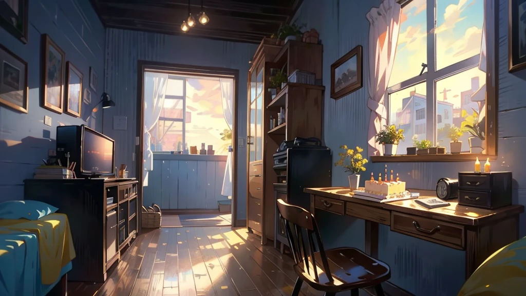 Dark apartment, small birthday cake on old wooden table, modern apartment, alarm clock on the wall,anime scene.Upward shot,Bottom-up perspective,nobody,