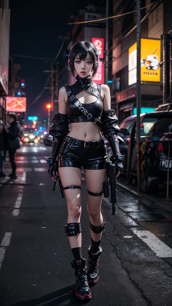 8K,beautiful,cyber punk,cyber punkな街並み,Neon night,Charming girl at 18 years old,Baby Face,Long Shot,whole body,Composition from afar,(Held up a gun)