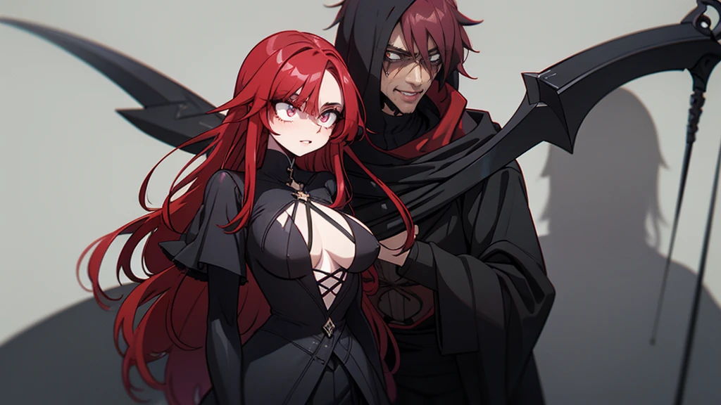 A female character with long, curly Ruby red hair. Character wielding a black scythe with a dark shadow-like figure with two white eyes in the background. Emerald green eyes. Character with a macabre smile is scary and a malicious expression. Black clothing is red short and sensual. darkness background 