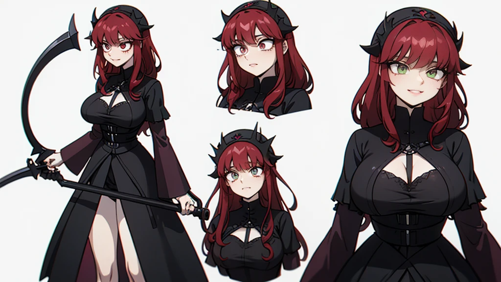 A female character with long, curly Ruby red hair. Character wielding a black scythe with a dark shadow-like figure with two white eyes in the background. Emerald green eyes. Character with a macabre smile is scary and a malicious expression. Black clothing is red short and sensual. darkness background