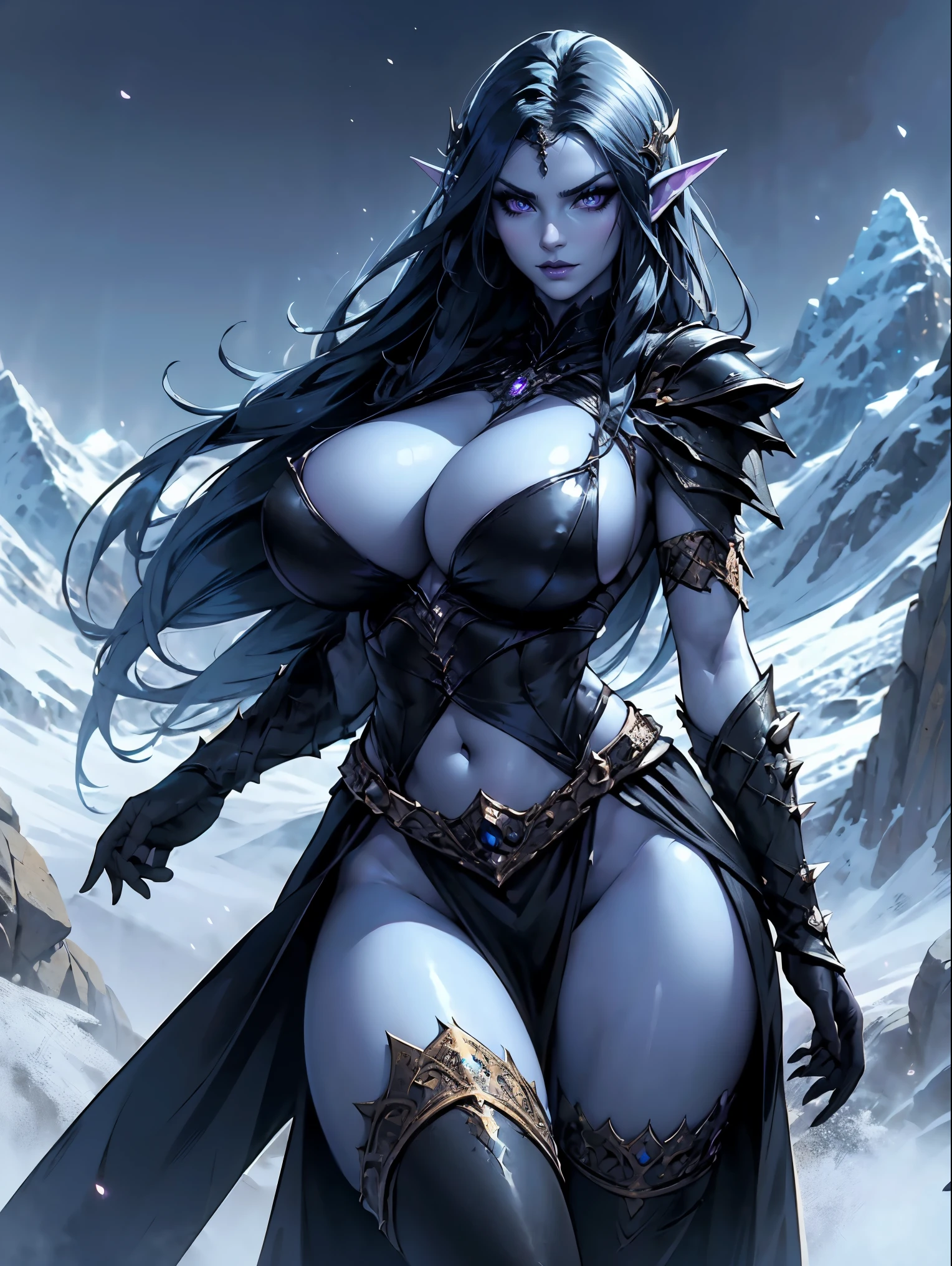 (masterpiece, top quality, best quality, official art, beautiful and aesthetic:1.2), (1girl:1.3), ((Sharp facial features, sharp features, hawkish features)), ((big hair, long elf ears, long black hair)), (((pale purple skin, pale blue skin, blue skin, purple skin))), big tiddy dark elf girl, extremely detailed, portrait, looking at viewer, solo, (full body:0.6), detailed background, full-body shot, (cold night mountain theme:1.1), dark elf war dancer, (spiky winged helmet), charlatan, smirk, mysterious, swaying in mountains, skimpy attire, revealing gladiatrix costume, ebony metal, gold filigree, long boots, dual knives, blood red fabric, pelvic curtain, loincloth, black leather, topless, gigantic breasts, long legs, pelvic curtain, cute belly button, toned tummy, slim waist, slim hips, long legs, medieval (mountain exterior:1.1) background, dark mysterious lighting, shadows, magical atmosphere, dutch angle