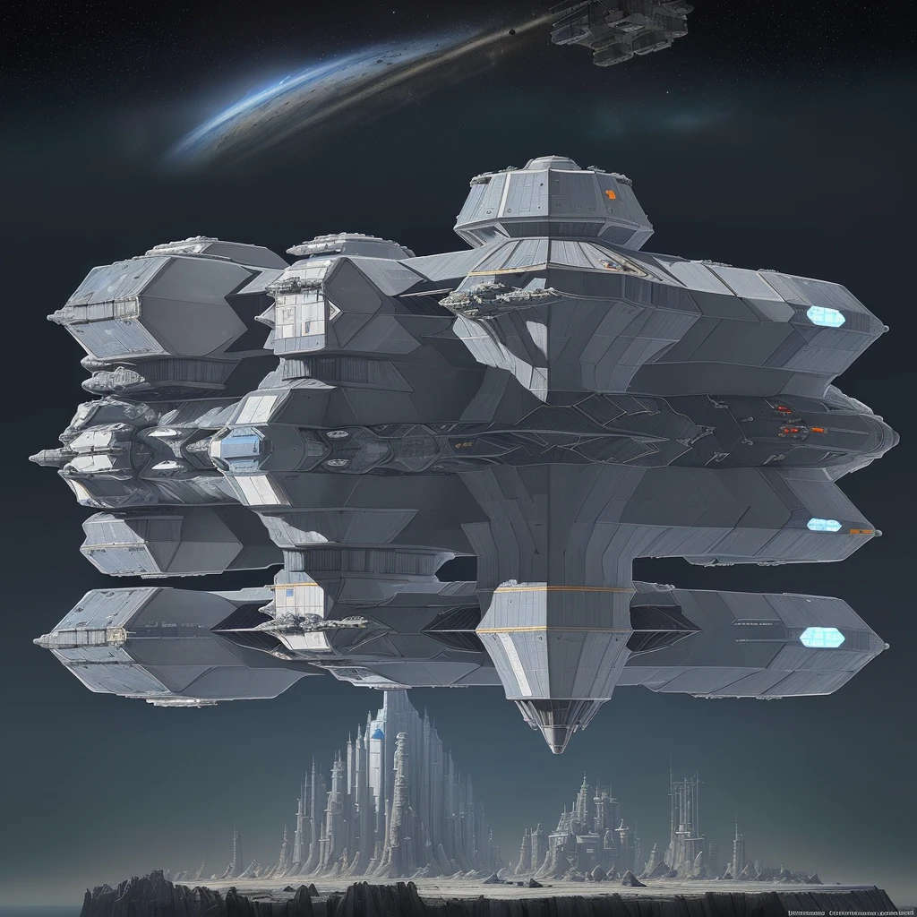 there is a drawing of a space station with a satellite, industrial humanity spaceship, symmetrical outpost, orbital station, blueprint of a spaceship, detailed spacecraft, blueprint of spaceship, hexagonal planetary space base, spaceship design, scifi space station, space station, cargo spaceships, blueprint schematics, detailed spaceship, scifi platform, background space station, spaceship hangar