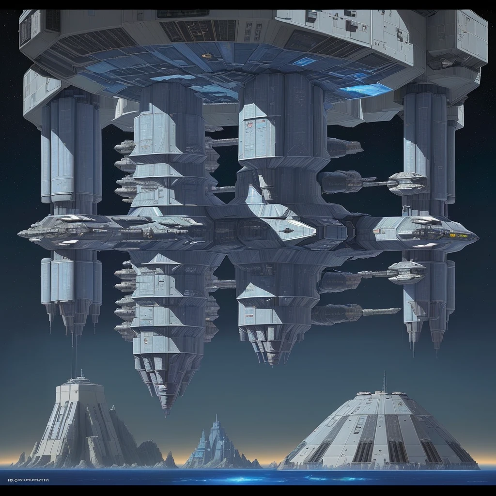 there is a drawing of a space station with a satellite, industrial humanity spaceship, symmetrical outpost, orbital station, blueprint of a spaceship, detailed spacecraft, blueprint of spaceship, hexagonal planetary space base, spaceship design, scifi space station, space station, cargo spaceships, blueprint schematics, detailed spaceship, scifi platform, background space station, spaceship hangar