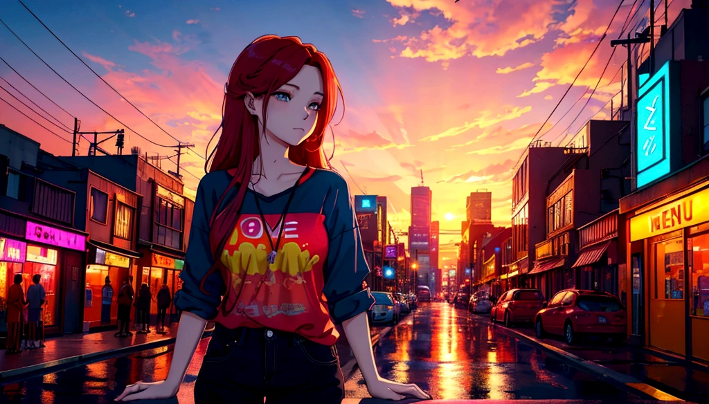 Sunset, colorful neon city, beautiful woman, relaxing, long red hair, colorful shirt, casual, upper body, store front, distant view, 8k, detailed digital art, detailed artwork, ultra high resolution wallpaper, art wallpaper 4k,