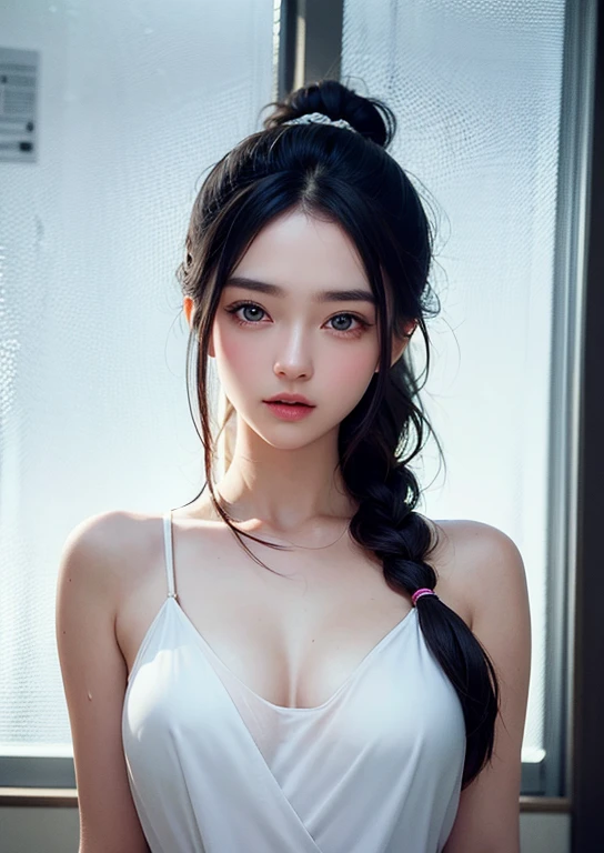 (((Upper body shot，Close-up photo)))、(((long hair，Bun hairstyle)))、(((Rainy Day，get wet)))、(((White summer chiffon shirt，get wet雪紡衫)))、18 years old、angry、girl、Plump breasts、Point on chest、Penetrating breasts、Showing nipples、Light eye makeup、Ultra-realistic faces、High resolution 16K、Skin texture must be natural、Use natural light and color、 High-quality photos taken by model agencies.