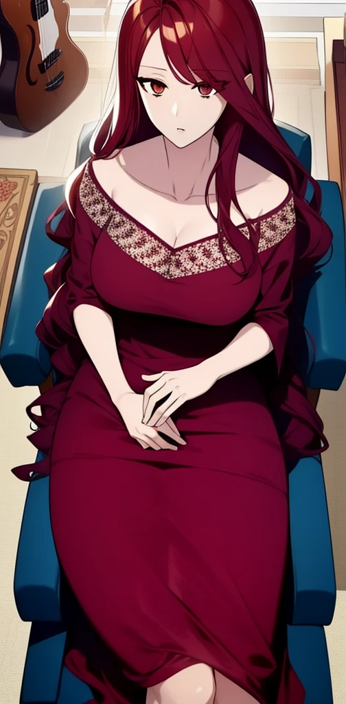 (Ultra HD) woman sitting on chair,in red dress, hands on thighs 