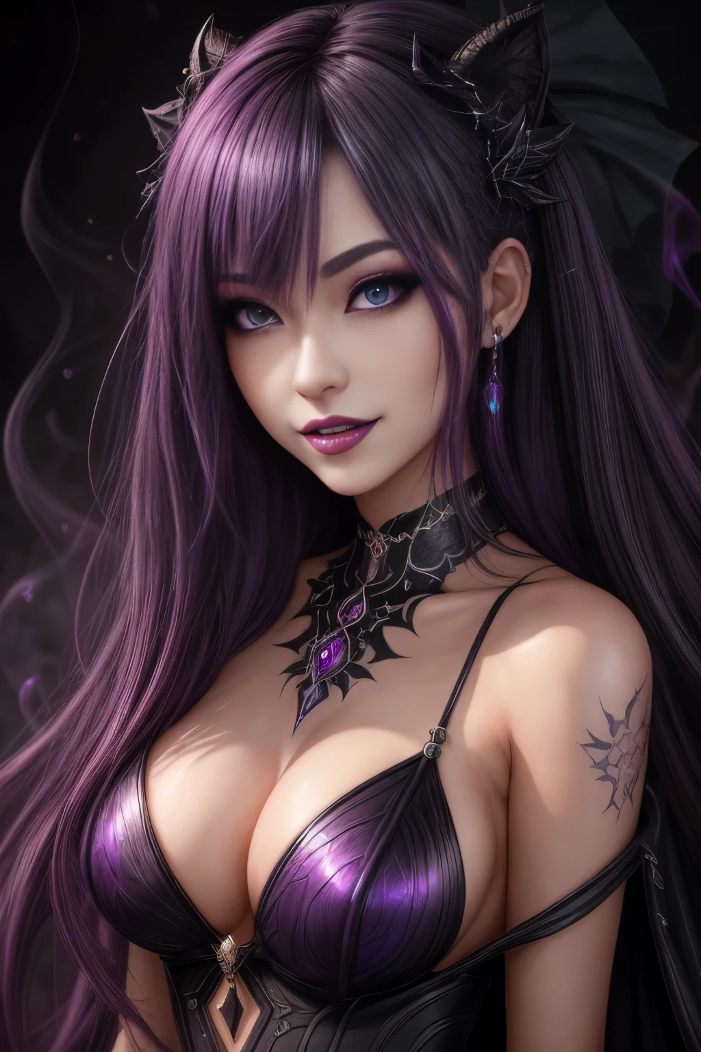 Powerful super evil female poses in closeup, Black Goddess (Bare shoulders), length, Flowing purple hair, View your audience, Highly detailed face, Perfect hands, Blue smoke swirling around her, Love evil things, Captivating blue eyes, Dark fantasy,  ， realistic girl rendering, 8k artistic german bokeh, Enchanting girl, Real Girls, Gurwitz, Gurwitz-style artwork, Girl Roleplay, Realistic 3D style, cgstation Popular Topics,, 8K Portrait Rendering,（truth，truth：1.4）、Genuine, Symmetric, High detail, Esoteric arachnids lady, Spider Queen Elise, League of Legends, Esoteric arachnids, Combat Stance, ( The body is made with liquid metallic paints in metallic mauve and metallic black....、It beautifully depicts the female form....。), length, Sharp Fangs, nature, ((Complex metallic colors in the foreground)), (( Fluid Mechanics, The most beautiful smooth scale face makeup, Smirking expression)) - Dark blood, Onyxia、Noir painting of a beautiful young witch, length purple hair, dark purple lips, evil, evil female, smile, Black Prom Dress, She is coming to you, close, Bright Blue Eyes, Surrounded by swirling pink smoke, Genuine, High detail, Highest quality