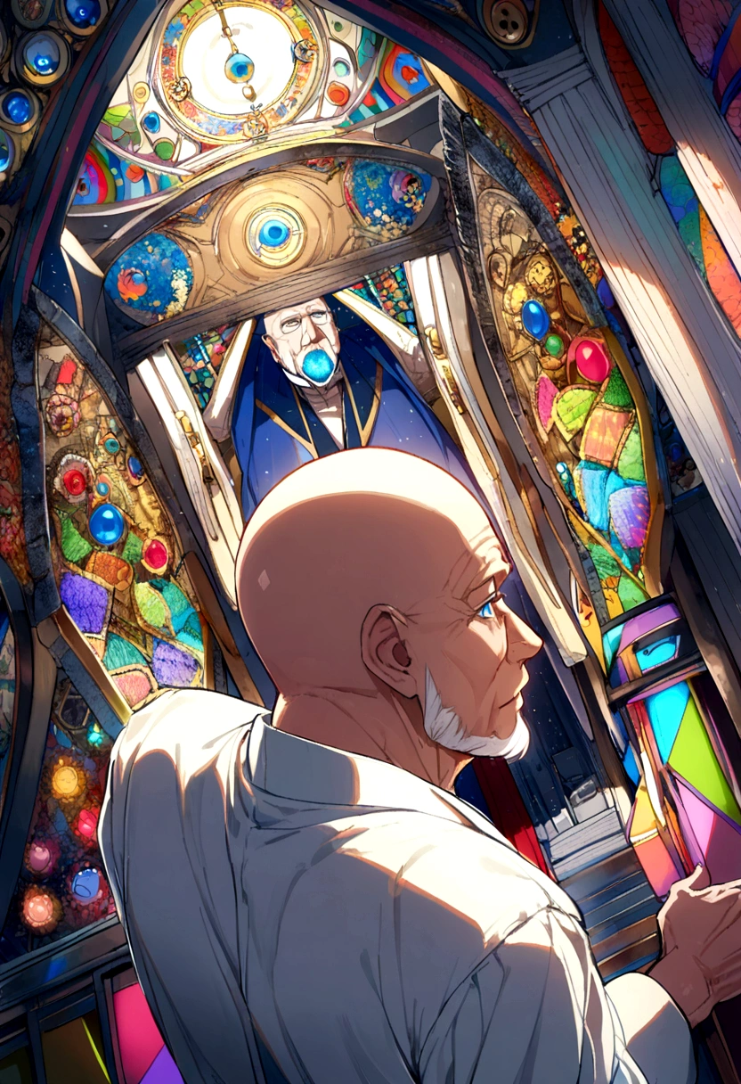 60 years old man, white hair, slightly bald, white goatee, blue eyes, white blouse, doctor