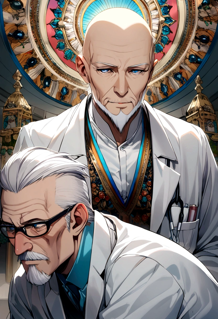 60 years old man, white hair, slightly bald, white goatee, blue eyes, white blouse, doctor