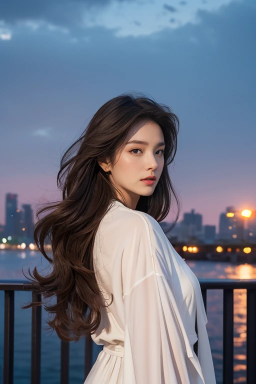 highest quality、4K、Perfect Face、Perfect Style、perfect body、Sunburn、beautiful lady、mature、long curly layer brown hair、Swept-back hair、full body, sexy 、charming、healthy、of the highest quality、8K、sunset,windy hair、
BREAK (nighttime city skyline reflecting on a river surface, numerous illuminated high-rises in the background, a riverbank promenade in the foreground with a terrace restaurant and a few people, warm lighting with an urban vibe, overcast sky with a hint of night blue, windows of buildings glowing with yellow and white lights),(sense of depth:1.5),(long shot:1.3),
