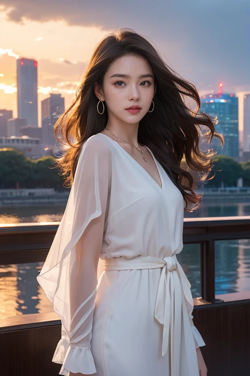 highest quality、4K、Perfect Face、Perfect Style、perfect body、Sunburn、beautiful lady、mature、long curly layer brown hair、Swept-back hair、full body, sexy 、charming、healthy、of the highest quality、8K、sunset,windy hair、
BREAK (nighttime city skyline reflecting on a river surface, numerous illuminated high-rises in the background, a riverbank promenade in the foreground with a terrace restaurant and a few people, warm lighting with an urban vibe, overcast sky with a hint of night blue, windows of buildings glowing with yellow and white lights),(sense of depth:1.5),(long shot:1.3),