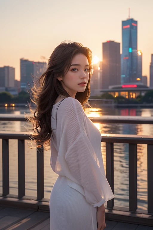 highest quality、4K、Perfect Face、Perfect Style、perfect body、Sunburn、beautiful lady、mature、long curly layer brown hair、Swept-back hair、full body, sexy 、charming、healthy、of the highest quality、8K、sunset,windy hair、
BREAK (nighttime city skyline reflecting on a river surface, numerous illuminated high-rises in the background, a riverbank promenade in the foreground with a terrace restaurant and a few people, warm lighting with an urban vibe, overcast sky with a hint of night blue, windows of buildings glowing with yellow and white lights),(sense of depth:1.5),(long shot:1.3),