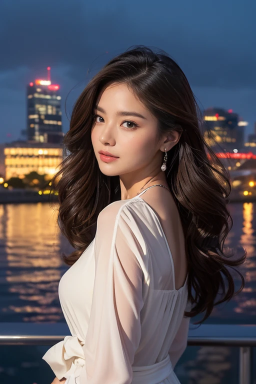 highest quality、4K、Perfect Face、Perfect Style、perfect body、Sunburn、beautiful lady、mature、long curly layer brown hair、Swept-back hair、full body, sexy 、charming、healthy、of the highest quality、8K、sunset,windy hair、
BREAK (nighttime city skyline reflecting on a river surface, numerous illuminated high-rises in the background, a riverbank promenade in the foreground with a terrace restaurant and a few people, warm lighting with an urban vibe, overcast sky with a hint of night blue, windows of buildings glowing with yellow and white lights),(sense of depth:1.5),(long shot:1.3),