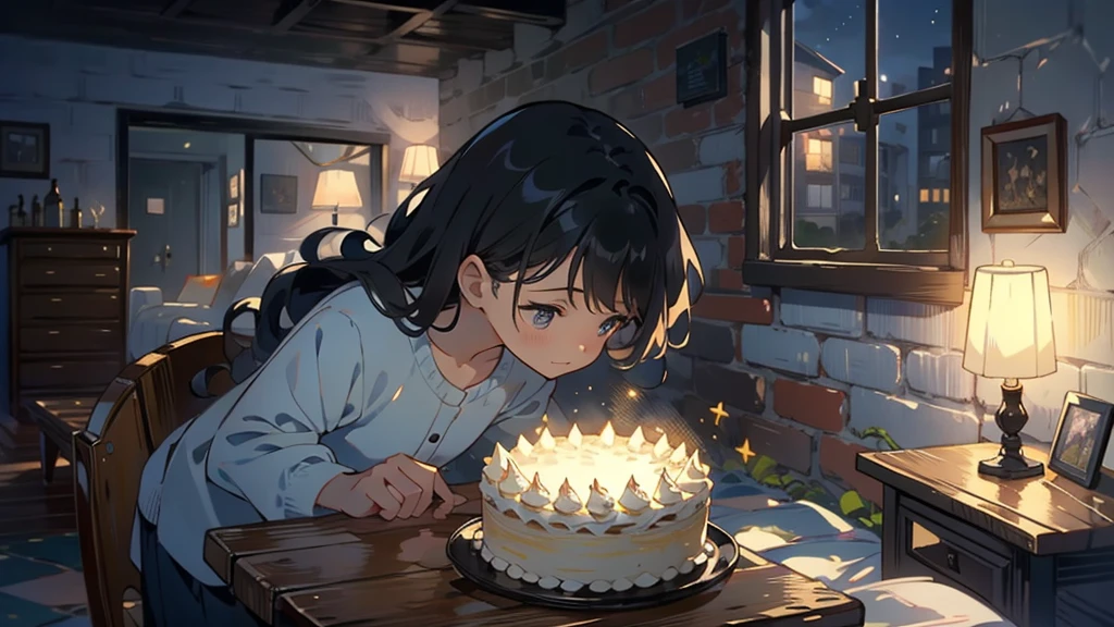 Dark apartment, small birthday cake on old wooden table, modern apartment, alarm clock on the wall,anime scene.Upward shot,Bottom-up perspective,nobody,Upward Shot