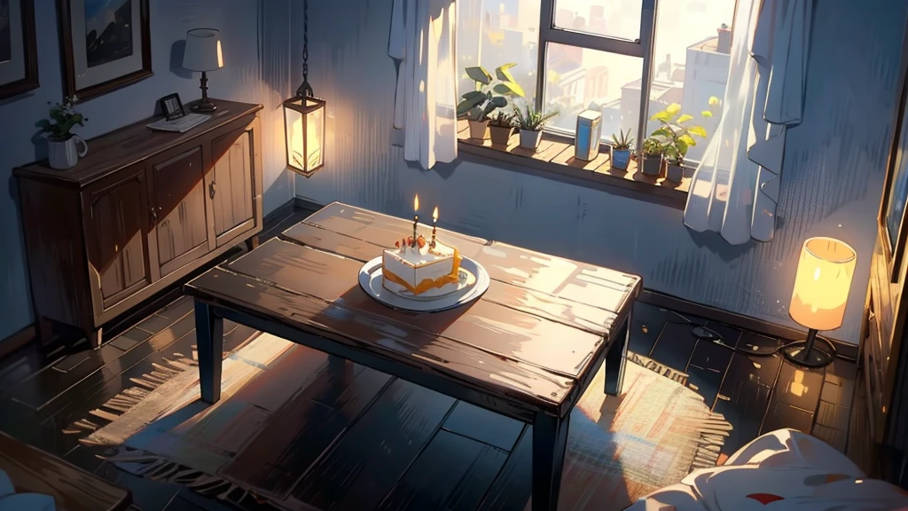 Dark apartment, small birthday cake on old wooden table, modern apartment, alarm clock on the wall,anime scene.Upward shot,Bottom-up perspective,nobody,Upward Shot