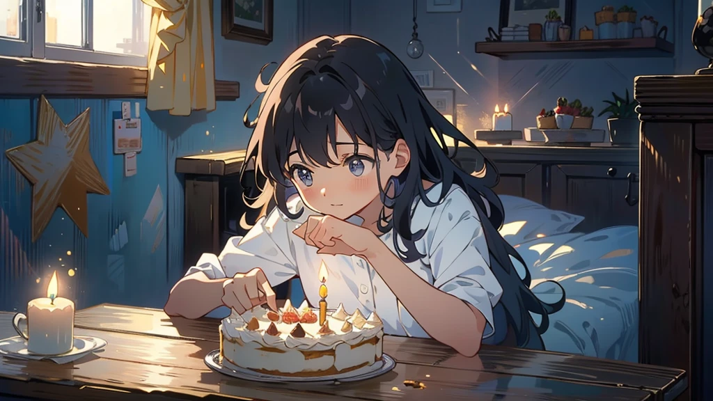 Dark apartment, small birthday cake on old wooden table, modern apartment, alarm clock on the wall，anime scene.Upward shot，Bottom-up perspective，nobody，Upward Shot