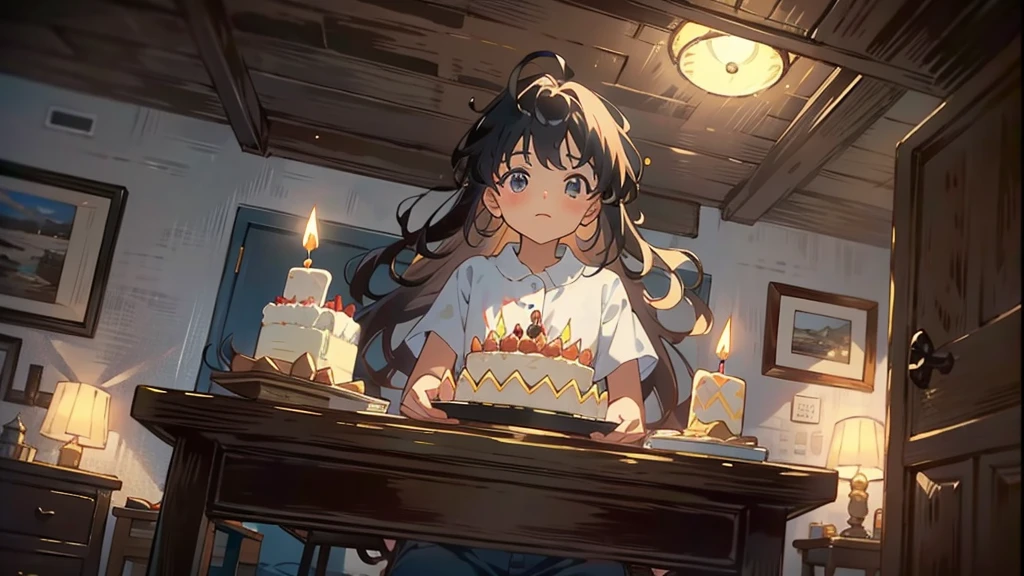 Dark apartment, small birthday cake on old wooden table, modern apartment, alarm clock on the wall,anime scene.Upward shot,Bottom-up perspective,nobody,Upward Shot