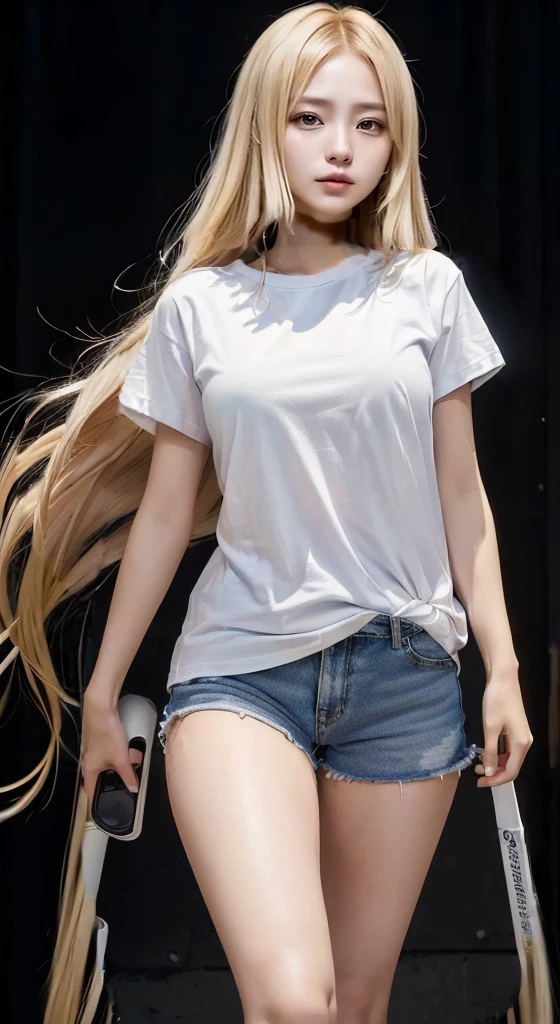 (SFW:1.5), 1 Female, Age 20, Baggy T-shirt（White）((Short sleeve))((The T-shirt goes up to the thighs)),  hot pants（sweat）（（line））, In the heat, (Perfect Anatomy), Mastepiece, Ultra High Quality, It is high resolution., 8k, It&#39;s photorealistic, background: The finest suite in a luxury resort hotel