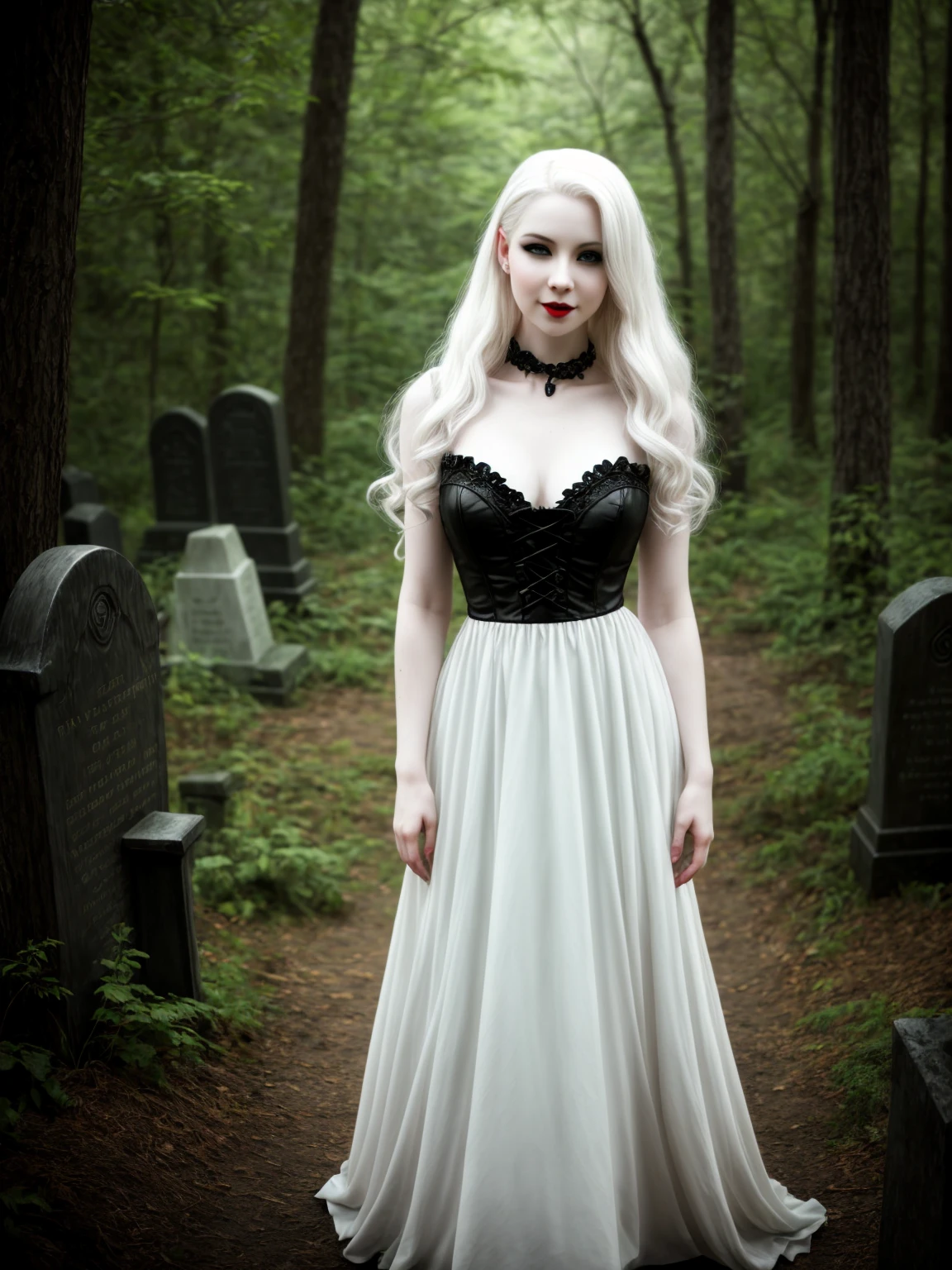 female sexy vampire|albino, pale porcelain skin, sexy vintage black dress, smile, shallow depth of field, grin|creepy, nightfall, detailed face, night, wide hips, narrow waist, portrait of woman standing, detailed eyes, portrait of woman standing, 8k RAW photo, highest quality, looking at the viewer, best shadow, intricate details, long hair, bright eyes, forest, grave, gothic, goth detailed, highres, high qualilty, high saturation
