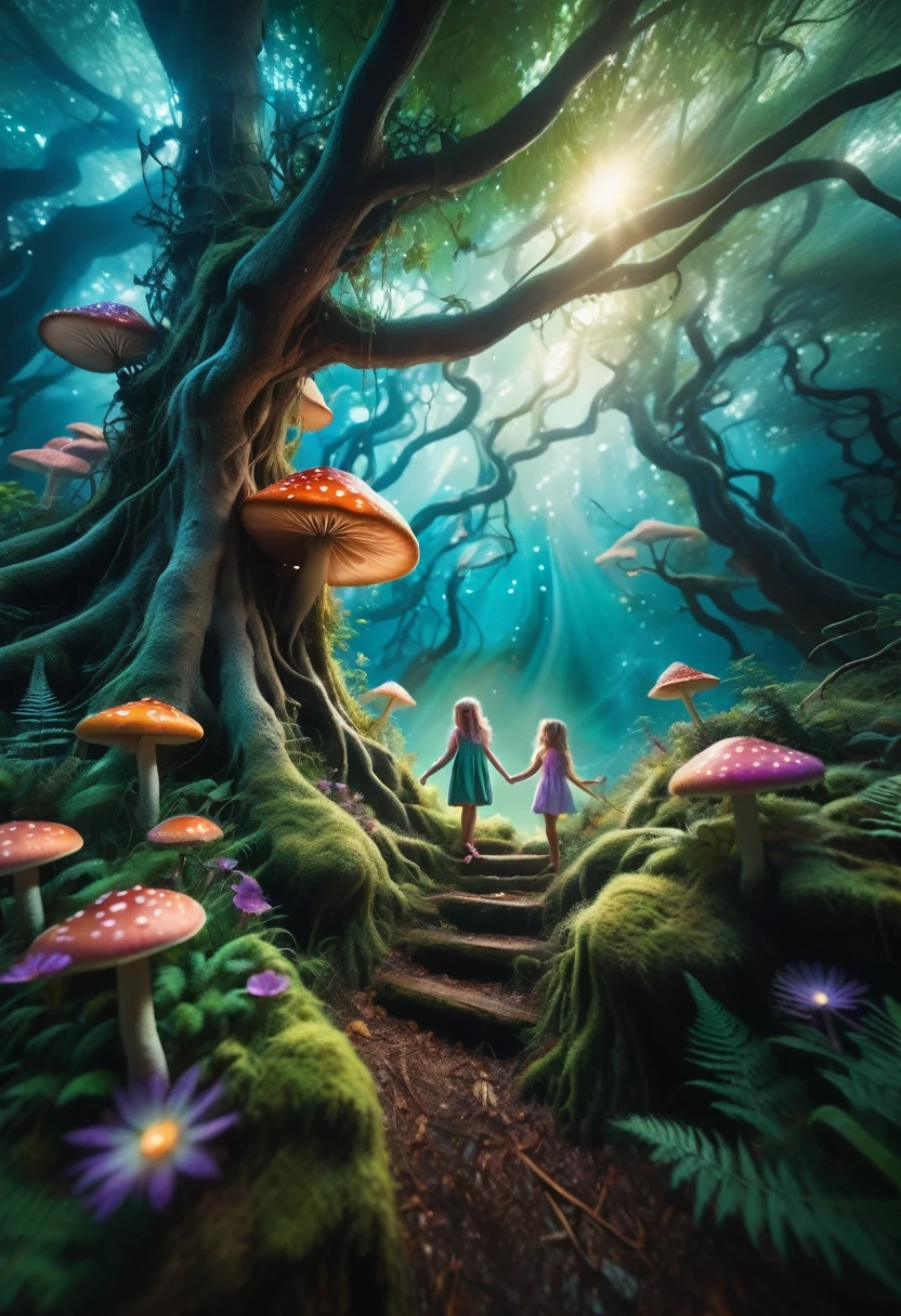 A fantastic and colorful illustration showing a group of children with well-defined and happy faces playing and exploring in a magical forest. Trees have unusual shapes and colors, with branches that twist and intertwine, creating an environment full of magic and wonder.
Children run and jump over raised roots, surrounded by bright flowers and luminous mushrooms. Some have stopped to observe small magical creatures that float and flutter around them, like fairies and elves. Others are building shelters with branches and leaves, giving life to your dreams.
The color palette is vibrant and saturated, with intense shades of green, blue, purple, orange and pink that give the scene an ethereal and dreamlike appearance. The lighting is warm and diffuse, creating an enchanted and welcoming atmosphere.
Focus on capturing joy, the curiosity and overflowing imagination of children as they interact with this fantastic world. that every detail, from the textures of the vegetation to the expressions on the faces, convey a sense of wonder and unlimited possibilities."
It's prompt, I have tried to provide clear instructions on:
The magical and fantastic environment of the forest The activities and emotions of the children The use of a vibrant and warm color palette The lighting and the immersive atmosphere