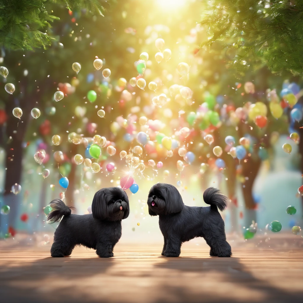 2 adorable black shih tzus playing with sprinklers at park with tall tress, bubbles and balloons in back ground