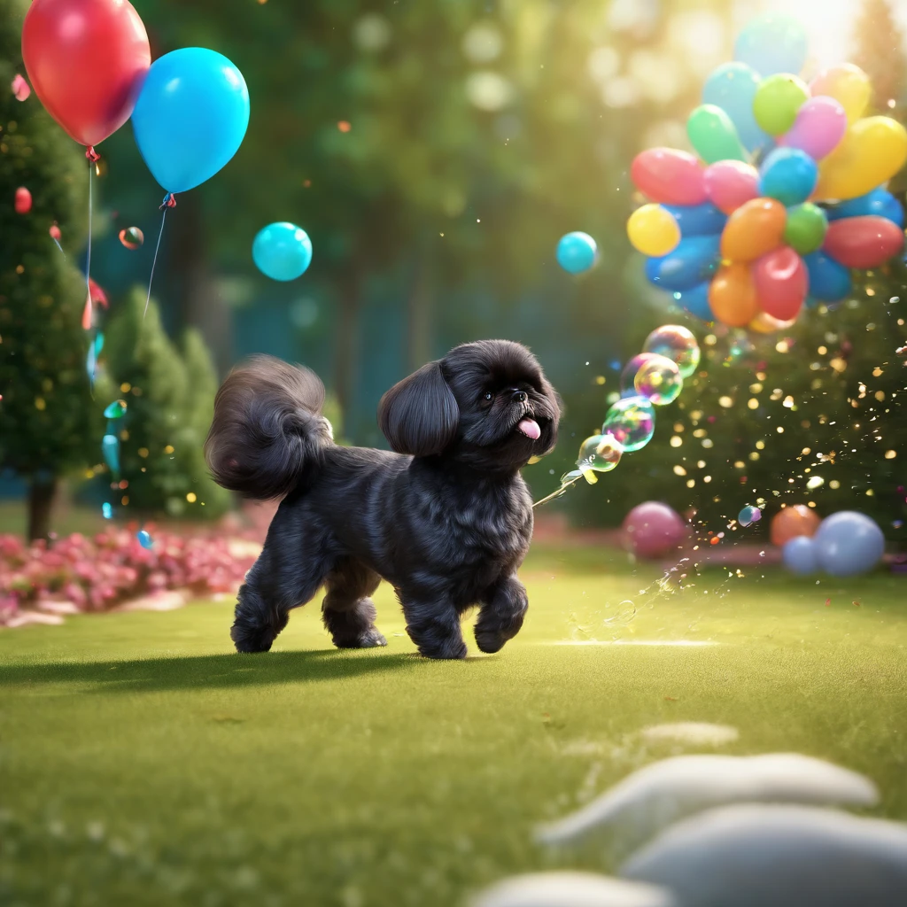 2 adorable black shih tzus playing with sprinklers at park with tall tress, bubbles and balloons in back ground