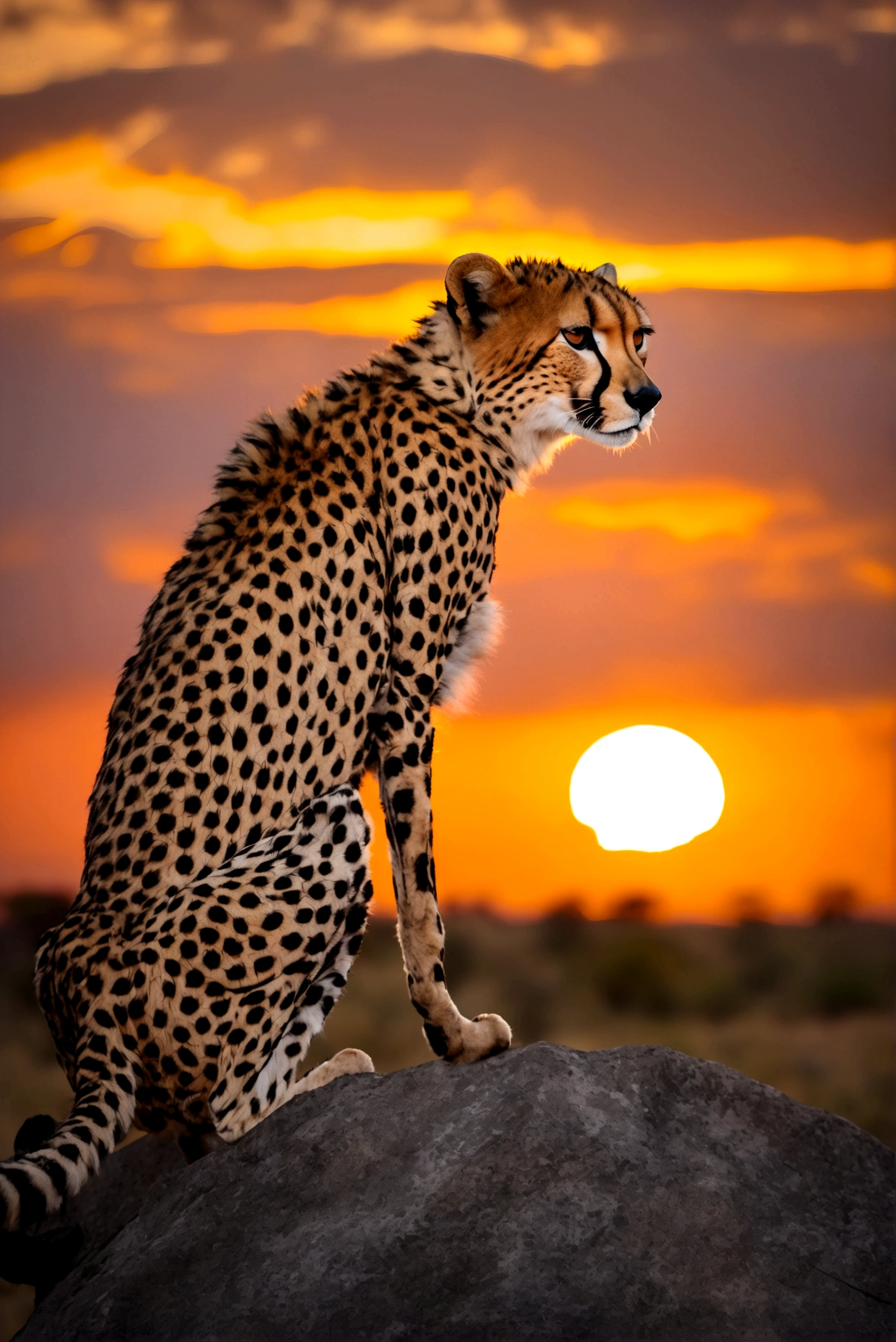 a Cheetah on the rock, sunset, safari, the wild world,