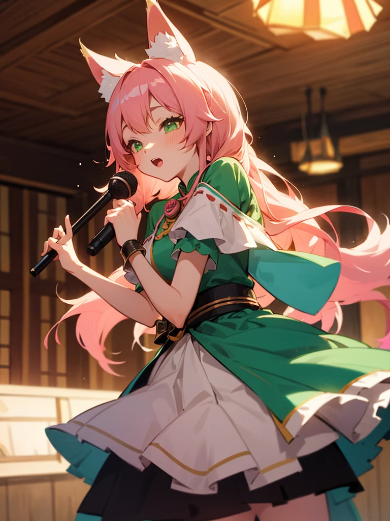 kitsune idol in a tavern, foxgirl, fox ears, fox tails, pink hair, green eyes, light blue idol dress, tavern background, high quality, masterpiece, singing