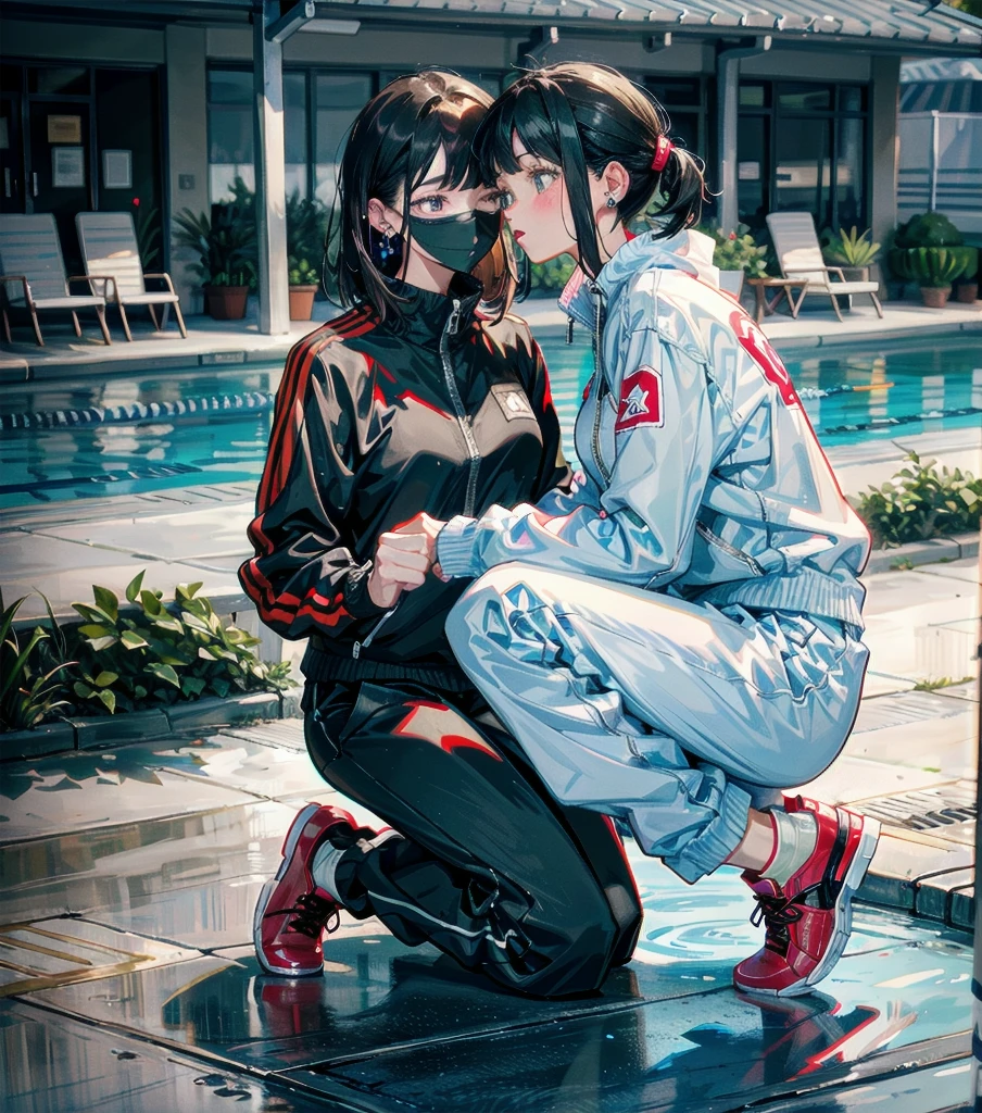 full body, delicate facial features, medium tits, medium hair, black hair, tearful mole, earring, tracksuit, shorts, pool, yuri, 2 girls,