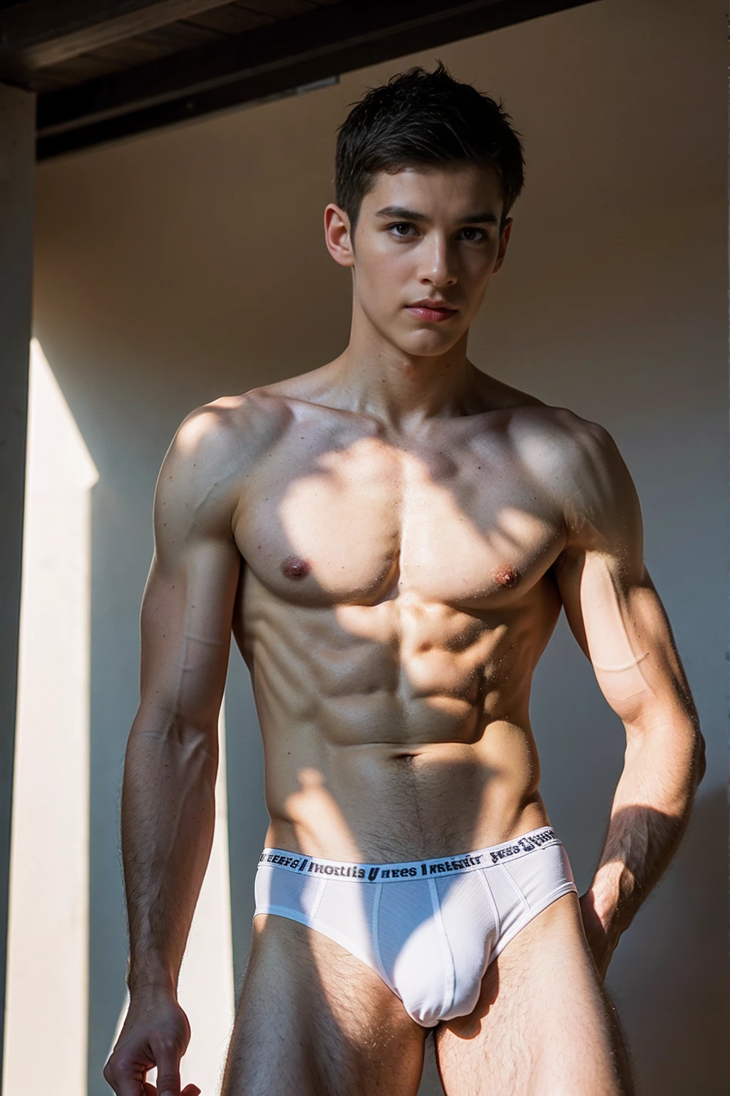 Masterpiece, Best quality, Solo,European Man,white wall background, skinny boy body, muscle body,sport body, big muscle, Handsome face,Black Hair Color,Natural eyes, athletic physique, slender, no body hair, He was wearing tight White Calvin Klein underwear and curved legs., perfect , male , correct male scrotum, perfect scrotum, male structure, short detailed hair, Sexy guy, looking at viewer, standing,highest detail, superior quality, natural lighting, beautiful, sexy, correct anatomy, good composition, man focus,amazing composition, front view, HDR, volumetric lighting, ultra quality, elegant,vpl,the middle of the picture