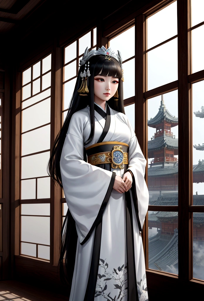 A woman in a black and white dress is standing by the window, Palace , girl in hanfu, ancient Baekje princess, beautiful fantasy empress, wearing ancient Baekje clothes, Baekje princess, Baekje Costume, Baekje girl, Baekje Goddess, wearing ancient Baekje clothes, beautiful character drawings, Works inspired by Lan Ying, Baekje costume, Baekje style, beautiful render of tang dynasty