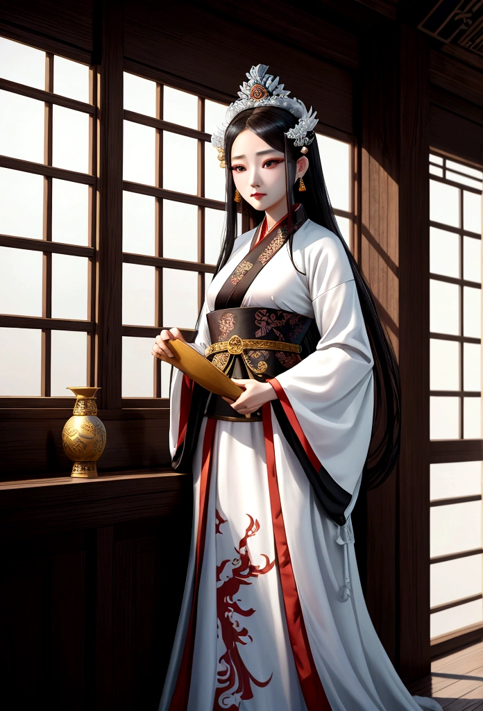 A woman in a black and white dress is standing by the window, Palace , girl in hanfu, ancient Baekje princess, beautiful fantasy empress, wearing ancient Baekje clothes, Baekje princess, Baekje Costume, Baekje girl, Baekje Goddess, wearing ancient Baekje clothes, beautiful character drawings, Works inspired by Lan Ying, Baekje costume, Baekje style, beautiful render of tang dynasty