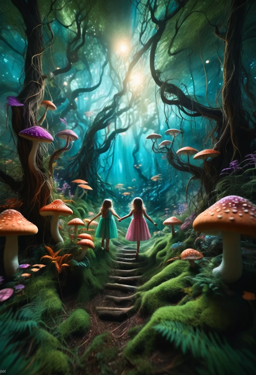 A fantastic and colorful illustration showing a group of children playing and exploring in a magical forest. Trees have unusual shapes and colors, with branches that twist and intertwine, creating an environment full of magic and wonder.

Children run and jump over raised roots, surrounded by bright flowers and luminous mushrooms. Some have stopped to observe small magical creatures that float and flutter around them, like fairies and elves. Others are building shelters with branches and leaves, giving life to your dreams.

The color palette is vibrant and saturated, with intense shades of green, blue, purple, orange and pink that give the scene an ethereal and dreamlike appearance. The lighting is warm and diffuse, creating an enchanted and welcoming atmosphere.

Focus on capturing joy, the curiosity and overflowing imagination of children as they interact with this fantastic world. that every detail, from the textures of the vegetation to the expressions on the faces, convey a sense of wonder and unlimited possibilities."

It&#39;s prompt, I have tried to provide clear instructions on:

The magical and fantastic environment of the forest The activities and emotions of the children The use of a vibrant and warm color palette The lighting and the immersive atmosphere