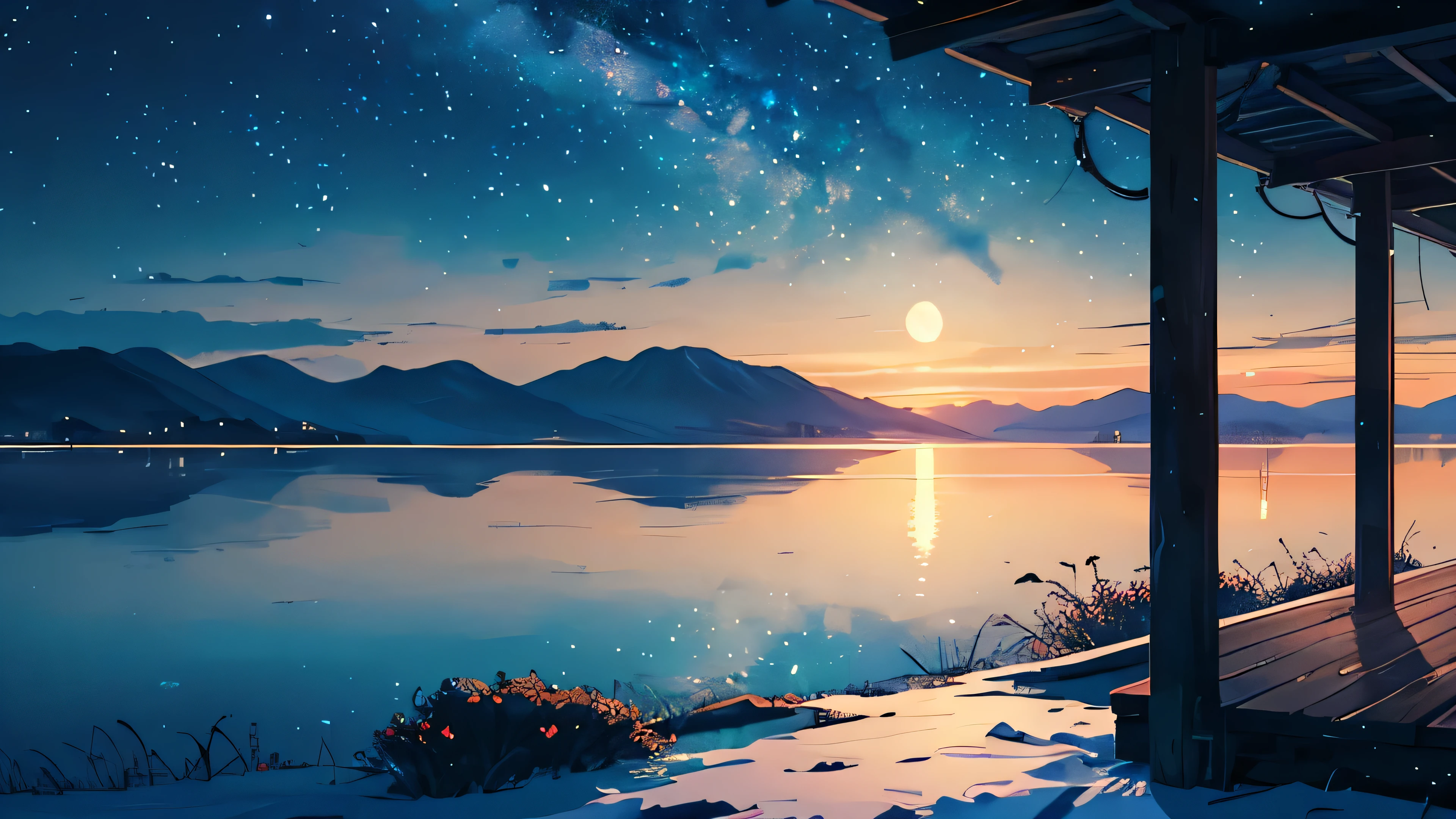 Create a background image for a YouTube banner that captures the essence of the channel 'Lofi Solitude Sounds,' which focuses on lo-fi music perfect for nights when one feels . The themes to emphasize are solitude, silence, the depth of night, and sentimentality. The background should be a dark, night-time scene with subtle elements such as faint stars, a moon, and perhaps a calm, serene lake or quiet cityscape in the distance. The overall style should be soft and sentimental, reflecting a sense of quiet and solitude, without any people or characters in the image