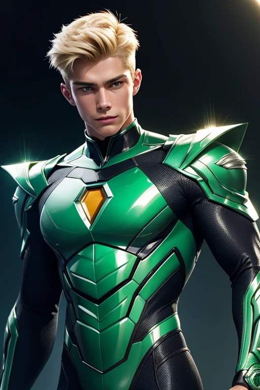 Quarter body photorealistic handsome hunky fractal masculine Teen titans Blonde Electric boy wearing a green emerald transparent crystal chrome glass super suit , look at camera, detailed face parts,, studio as background, Freestyle Pose, Happy Expression, perfect anatomy, symmetric body,, 18 years old, :: high detail, a lean athletic body, realistic, human skin, extremely detailed fingers, chad chin,, masculine, human skin, , gorgeous, Attractive. super bulges in action . camera focus face front