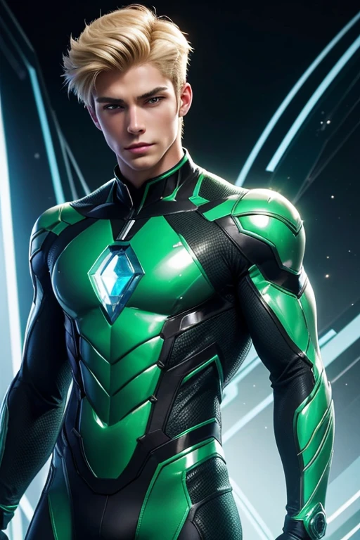 Quarter body photorealistic handsome hunky fractal masculine Teen titans Blonde Electric boy wearing a green emerald transparent crystal chrome glass super suit , look at camera, detailed face parts,, studio as background, Freestyle Pose, Happy Expression, perfect anatomy, symmetric body,, 18 years old, :: high detail, a lean athletic body, realistic, human skin, extremely detailed fingers, chad chin,, masculine, human skin, , gorgeous, Attractive. super bulges in action . camera focus face front