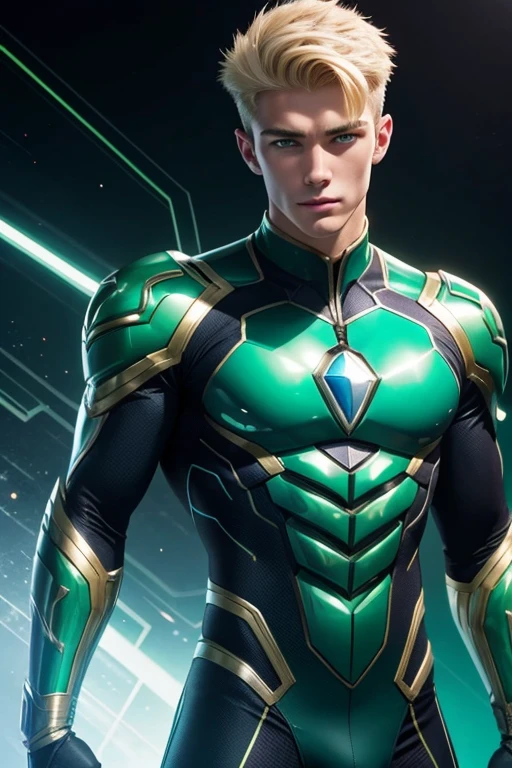 Quarter body photorealistic handsome hunky fractal masculine Teen titans Blonde Electric boy wearing a green emerald transparent crystal chrome glass super suit , look at camera, detailed face parts,, studio as background, Freestyle Pose, Happy Expression, perfect anatomy, symmetric body,, 18 years old, :: high detail, a lean athletic body, realistic, human skin, extremely detailed fingers, chad chin,, masculine, human skin, , gorgeous, Attractive. super bulges in action . camera focus face front