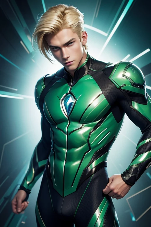 Quarter body photorealistic handsome hunky fractal masculine titaBlonde Electric boy wearing a green emerald transparent crystal chrome glass super suit , look at camera, detailed face parts,, studio as background, Freestyle Pose, Happy Expression, perfect anatomy, symmetric body,, 18 years old, :: high detail, a lean athletic body, realistic, human skin, extremely detailed fingers, chad chin,, masculine, human skin, , gorgeous, Attractive. super bulges in action . camera focus face front