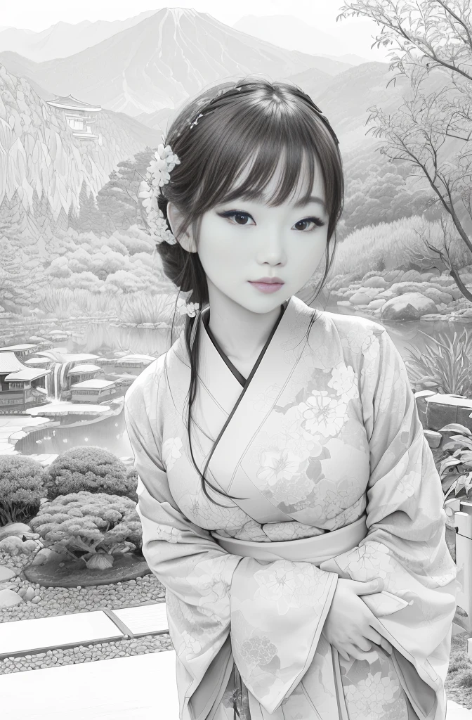 Woman in kimono standing in front of a mountain, by Tang Shin-woon Sandara, inspired by Yoon Du-seo, inspired by Shim Sa-jeong, portraits of Korean female idols, Please create a simple monochrome coloring book that even a  can do, depicting a realistic and cute ukiyo-e illustration of a girl in a kimono, in various poses, with a Japanese garden in the background, that conveys Japanese culture.
