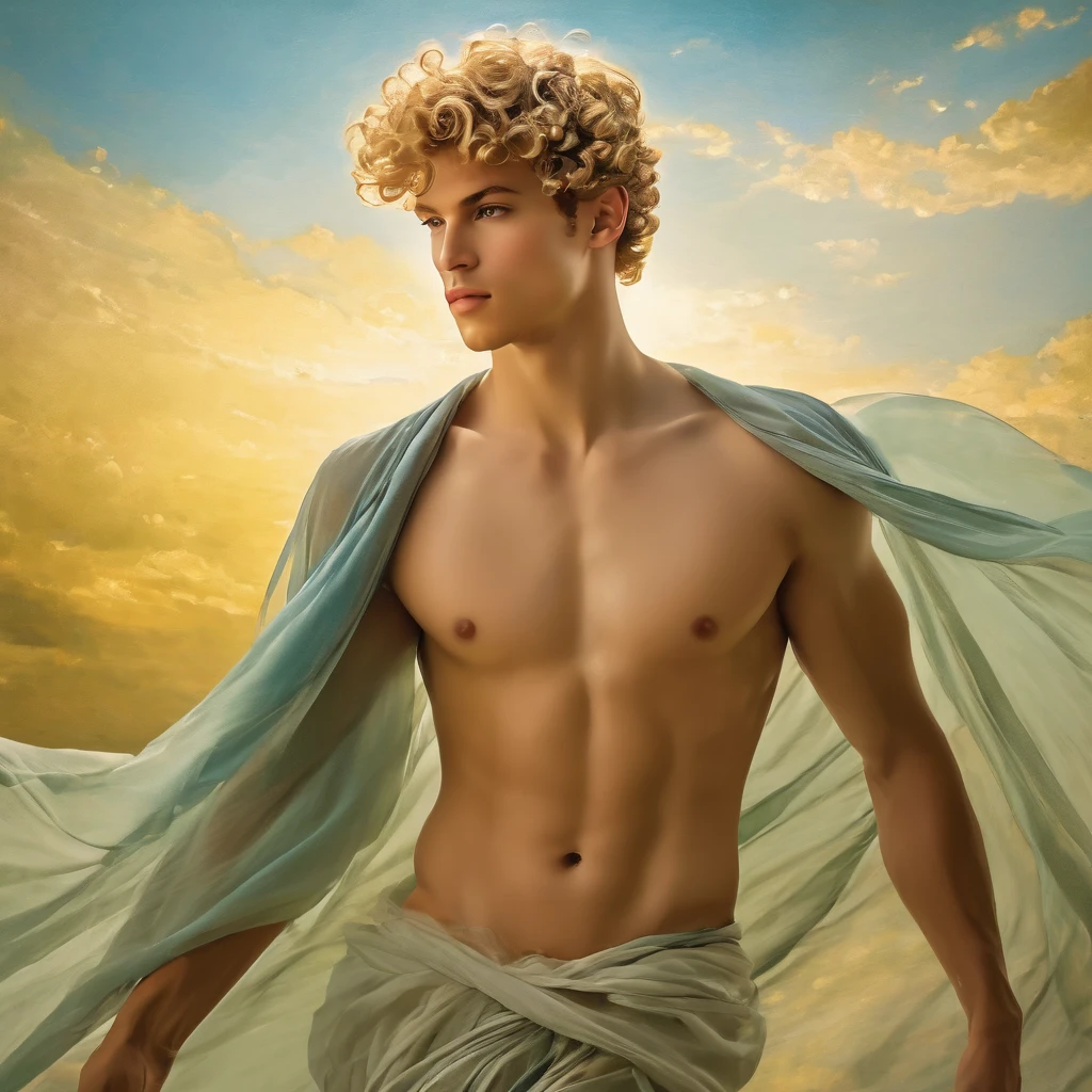 candid an full body photo of prince charming, 23 year old male supermodel, attractive and exotic, short curly blonde hair, a masculine appearance with slender smooth body, delicate and symmetrical face, natural olive skin tone, pose in a graceful contrapposto stance, inspired by Irises by Vincent Van Gogh 1889, he is wrapped in classical drapery sheer pastel color fabric, with flowing dramatically in the strong wind, some fabric to billow as if caught, The composition include mythological elements, such as a backdrop of a serene with a golden sunrise and nymphs to frame the scene. Illuminate the scene with soft diffused lighting to create a dreamlike, celestial atmosphere, capturing the delicate interplay of light and shadow on his face and body. ((full body shot)), wide-angle lens on a high-resolution DSLR camera to capture the grandeur and intricate details of the setting, while shooting from a dynamic angle to emphasize the model's majestic presence. The overall mood should blend the classical elegance of Botticelli's work with a modern, high-fashion aesthetic, producing an image that feels both timeless and contemporary, adding the Two Cherubs in the sense to balance and harmony the photo, evoke the soft ethereal quality of the Renaissance style, POV, raw photo, ((masterpiece)), ((best quality)), High Resolution, (ultra_realistic), (photorealistic), (NSFW), ((Pay attention to the layer and arrangement of body and surrounding)), ((Pay attention to the body composition)), ((Correct body structure)), ((Correct distance)), romantic atmosphere, lively extremely Gorgeous background,