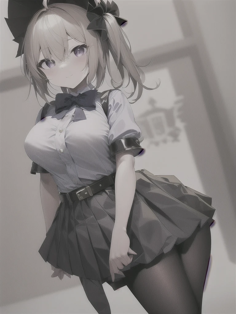 General Details: very detailed, very high resolution, exceptionally high resolution, exceptionally detailed, best quality, 3D artwork, perfect lighting and shading, perfect work, 1 girl, beautiful hands, perfect hands
Not  (): (:-1.5)
Clothing: clothing, (simple dark grey pleated short skirt:1.4), (shiny gold-buckled black leather belt:1.3), (dark blue bow tie:1.2), short sleeves, white shirt, white buttoned shirt
 Expression: small smile at the corner of the mouth, very sly eyes
Pose: standing, modeling, looking at the viewer
Character Traits: slender, kawaii, perfectly symmetrical face, soft pinkish cheeks, super cute girl, super cute face, exceptionally detailed eyes, exceptionally detailed hair, extremely cute, extremely beautiful
Background: stargazing field, night, dark, deep depth of field, exceptionally detailed background
Additional Physical Traits: large B-cup , wide , large thighs, beautiful long legs, , short
Hairstyle: (ahoge:1.2), (short bob with  bangs), one side ponytail on the left, hair between the eyes, pale yellow hair with white tips, bright purple eyes.