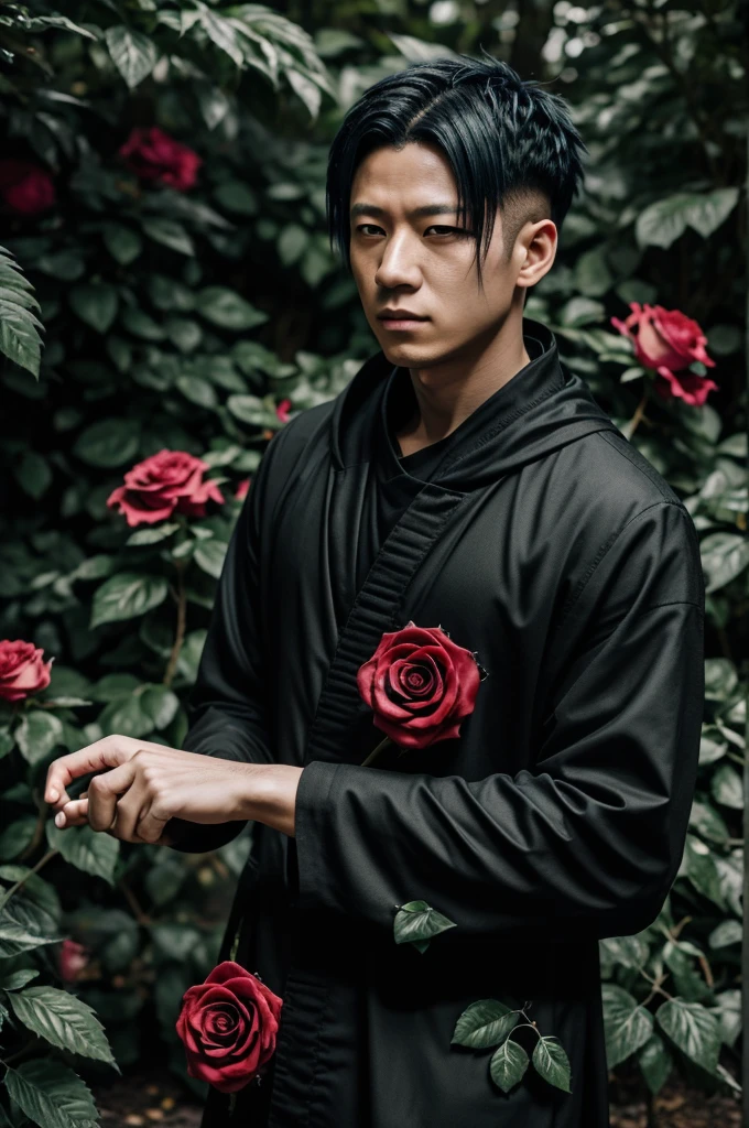 8k, galactic character, fujifilm, Jujutsu Kaisen anime style photography in a black rose garden. (very detailed skin: 1.2)